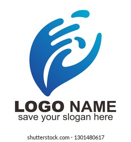 Blue wave logo and hand shape, Water spray logo