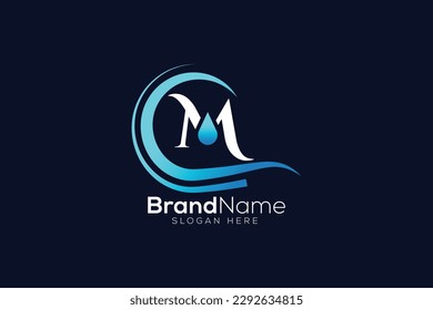 Blue wave logo. Letter M wave and drop logo design template