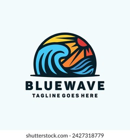 Blue Wave Logo Vector, Sea Icon Symbol, Ocean Creative Vintage Graphic Design