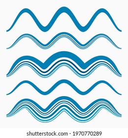 Blue wave ornaments, set of simple wavy borders, vector divider lines on white 