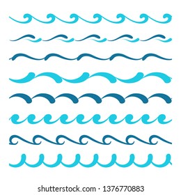 Blue Wave Ornaments, Vector Set Of Simple Wavy Borders, Curly Divider Lines On White