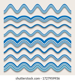 Blue wave ornaments, vector set of simple wavy borders in nautical style, cutout paper divider lines