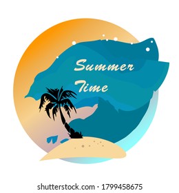 Blue wave, palm tree, sun. Summer print. Logo. Marine style. Bright vector illustration.