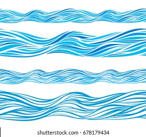 Padrões de ondas azuis, fundo sem costura. Ondas de água isoladas em branco, linha, curva, conjunto marinho, coleção de forma de mar. Ilustração vetorial desenhada à mão.