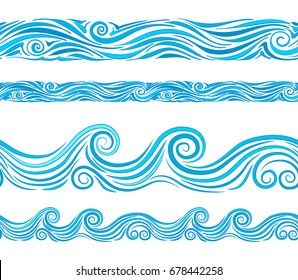 Blue wave patterns, seamless background. Isolated water waves on white, line, curve, marine set, sea shape collection. Hand drawn Vector illustration.