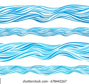 Blue wave patterns, seamless background. Isolated water waves on white, line, curve, marine set, sea shape collection. Hand drawn Vector illustration.