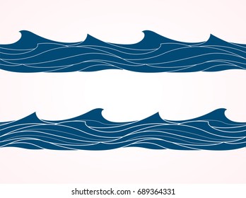 Blue wave patterns, seamless background. Isolated water waves on white, line, curve, marine set, sea shape collection. Hand drawn Vector illustration.