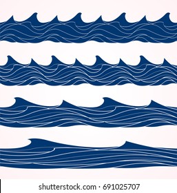 Blue wave patterns, seamless background. Isolated water waves on white, line, curve, marine set, sea shape collection. Hand drawn Vector illustration.