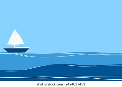 Blue wave and Sailing boat on blue sky background vector illustration.