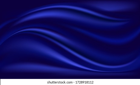 Blue wave satin background. Smooth shiny silk fabric texture, deep blue color flow swirl. Vector illustration