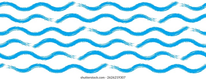 Padrão sem emenda da onda azul. Fundo repetido da linha de água do mar. Pintura aquarela pincel traçado papel de parede. Motivo de coleção de cruzeiro de verão para tecido, têxtil, decoração. Listras de curvas vetoriais