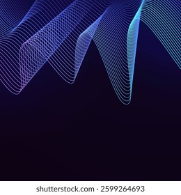 Blue wave square background. Vector design with neon light effect and space for text. Shiny wavy lines on dark background