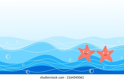 Blue wave with starfish cartoons vector illustration. 