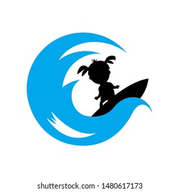 blue wave and surfing kids illustration vector design logo