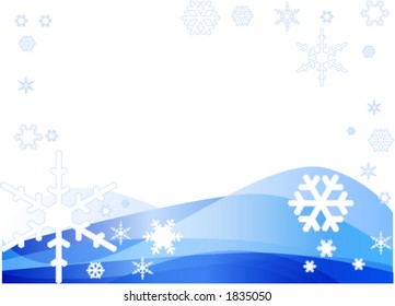 Blue wave vector against a white background with snow flakes.
