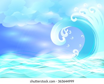 Blue wave in the water droplets, vector illustration