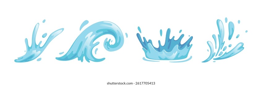 Blue Wave and Water Splash with Droplet Vector Set