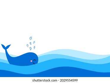 Blue wave and whale cartoon vector illustration. 