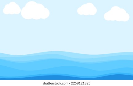 Blue wave and white cloud on blue sky background vector illustration.