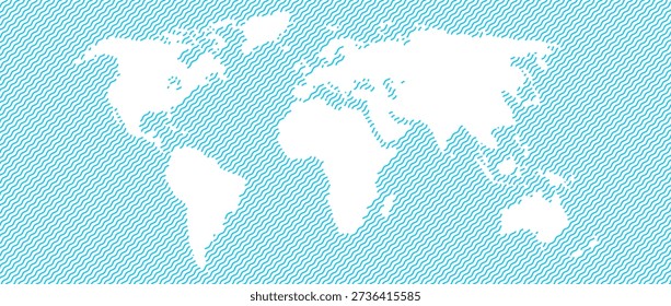 Blue wave world ocean map concept. Abstract globe world map for poster, banner, brochure, flyer, booklet, presentation. Continents surround by wavy water. Vector globe salt water illustration
