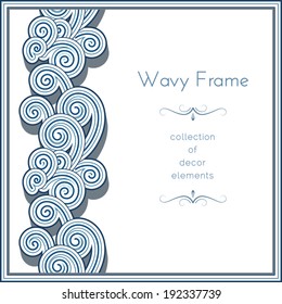 Blue waves background, vector frame, ornamental wavy border on white