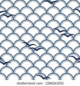 Blue Waves with blue birds on white background vector repeat seamless pattern. Water curve texture.