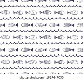 Blue waves, fish simple nautical seamless pattern on white background. Hand drawn Scandinavian style vector illustration. Line art. Design concept for kids fashion print, textile, wallpaper, packaging