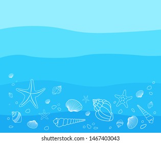 Blue waves flat background with hand drawn different outline sea stars and shells. Ocean background. - Vector illustration