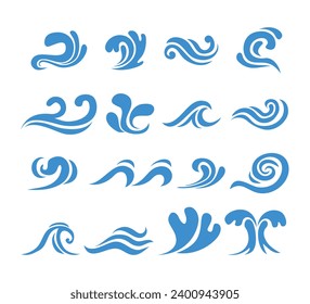 Blue Waves Icon Set Collection. Liquid Ocean, aqua sea waves shape, flowing splashing water, tide and ocean beach, waves tide splash hand drawn surfing storm wavy water, vector illustration