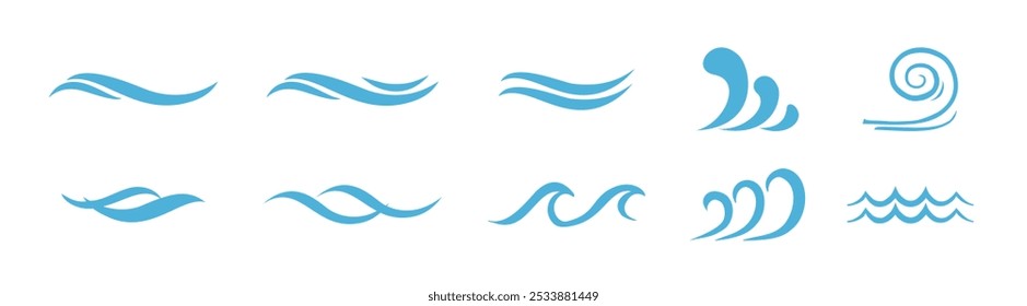 Conjunto de Vector de icono de ondas azules. Ilustración de dibujos animados de Vector, logotipo de agua del océano.