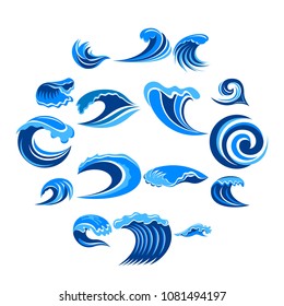 Blue waves icons set. Simple illustration of 16 blue waves vector icons for web