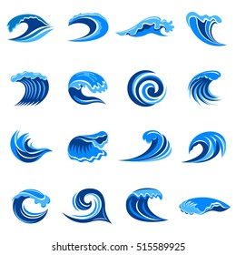 Blue waves icons set. Simple illustration of 16 blue waves vector icons for web