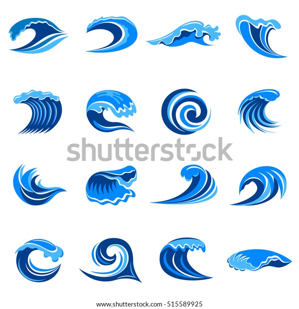 青い波のアイコンセット ウェブ用の16個の青い波のベクター画像アイコンの簡単なイラスト のベクター画像素材 ロイヤリティフリー