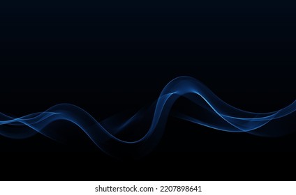 Blue waves on a black background.Transparent luminous flux of wavy blue lines