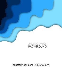 Blue waves on a white background with a shadow. Cut paper background.