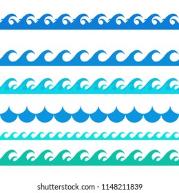 Blue waves. Ornament on the sea theme. A set of seamless western illustrations.