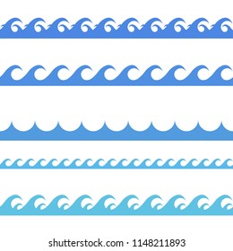 Blue waves. Ornament on the sea theme. A set of seamless western illustrations.