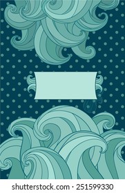 Blue waves painted style card. Illustration, image, cover, invitation. Polka-dot background.