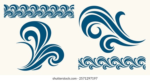 Blue Waves Set. Seamless beautiful waves. Vector blue marine pattern. Stylized design.
