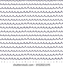 Blue waves simple nautical seamless pattern on white background. Hand drawn vector illustration. Scandinavian style line drawing. Design concept for kids fashion print, textile, wallpaper, packaging.