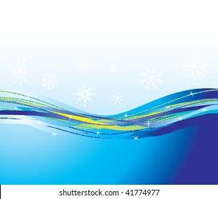 Blue waves and snowflakes. Background. Vector