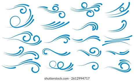 Blue waves and splashes of water set. Swirls, curves and flow of liquid clip art. Silhouette of water flows, vector elements