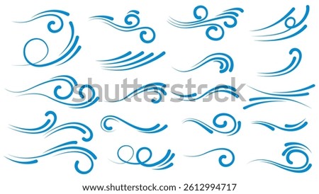 Blue waves and splashes of water set. Swirls, curves and flow of liquid clip art. Silhouette of water flows, vector elements