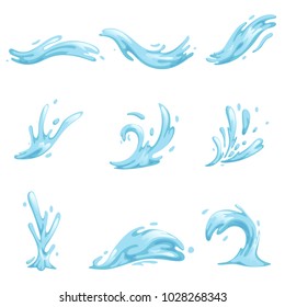 Blue waves and water splashes set, wavy symbols of nature in motion vector Illustrations