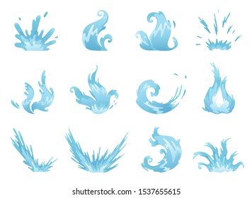 Blue waves and water splashes set, wavy symbols of nature in motion vector Illustrations.