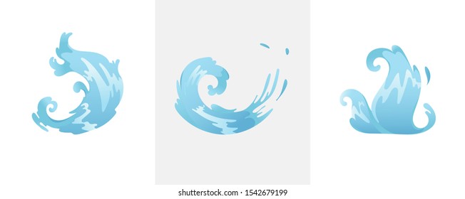 Blue waves and water splashes set, wavy symbols of nature in motion vector Illustrations.