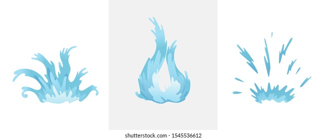 Blue waves and water splashes set, wavy symbols of nature in motion vector Illustrations.