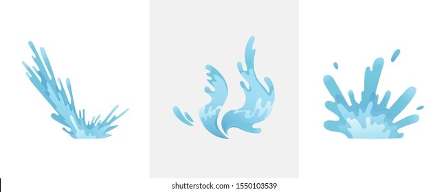 Blue waves and water splashes set, wavy symbols of nature in motion vector Illustrations.