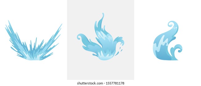 Blue waves and water splashes set, wavy symbols of nature in motion vector Illustrations.