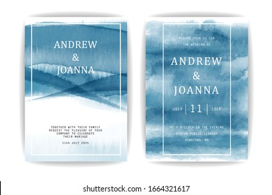 blue waves watercolor wedding invitation with abstract style design